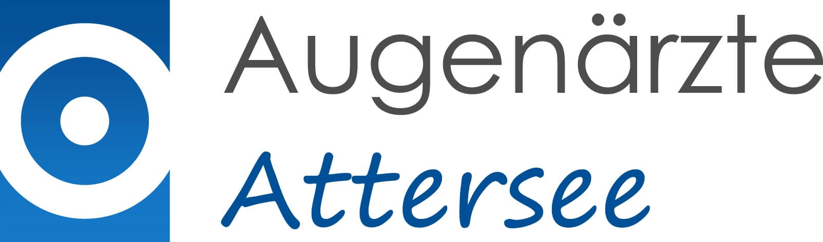 Das Logo der Augenärzte Attersee besteht aus einem an den Seiten links und rechts abgeschnittenen Kreis auf blauem Hintergrund und ist viereckig